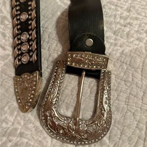 Black Leather Belt with Silver Embellishments